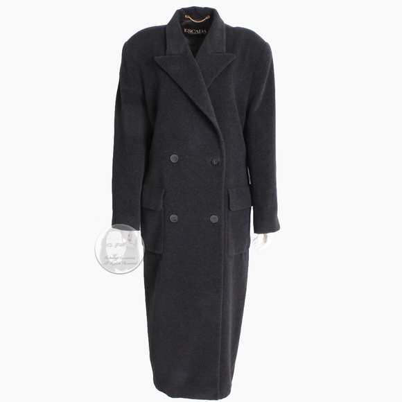 Escada Coat Double Breasted Charcoal 100% Pure New Wool Trench Style Vintage - Picture 1 of 9